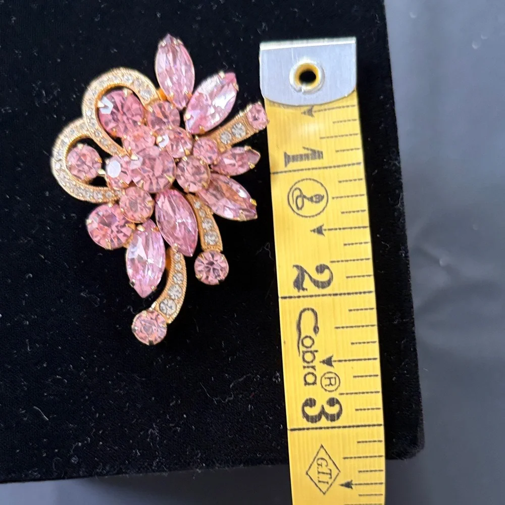 Signed Eisenberg Ice Pink Rhinestone Floral Swirl Brooch Vintage Glam